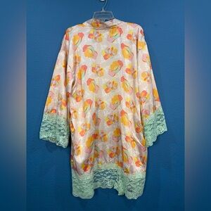 Macbeth Collection Margaret Josephs Floral Robe Teal Lace Trim Missing Tie Large